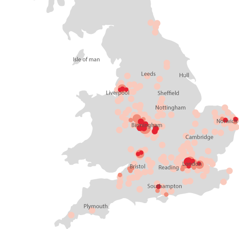 Heatmap showing travel to learn pattern for learners on subcontracted apprenticeships