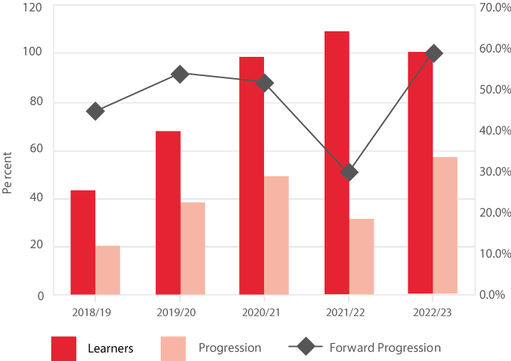 Bar chart showing percentage of high needs learners progression to advanced level