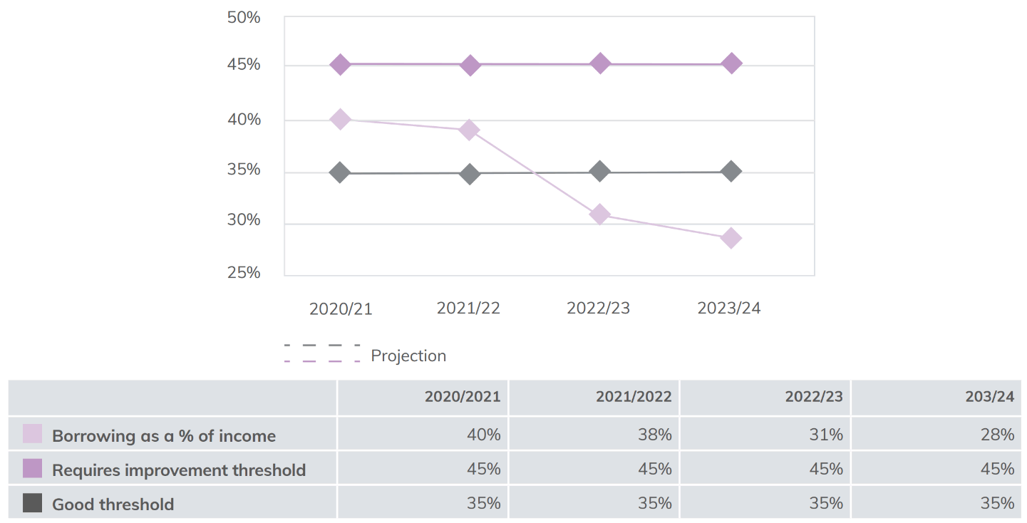 Line graph showing Borrowing as a % of Income