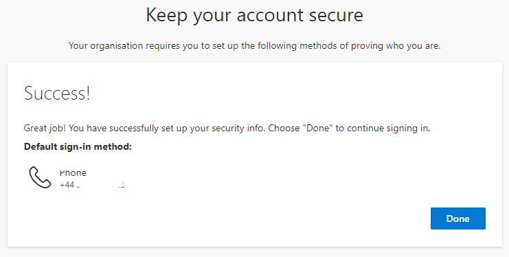Keep your account secure success screen