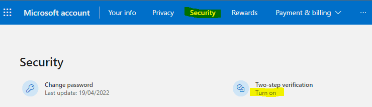 Microsoft account security tab screenshot