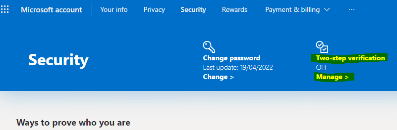 Microsoft account security two-step verification screenshot