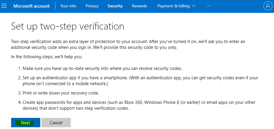 Microsoft account security two-step verification detail screenshot